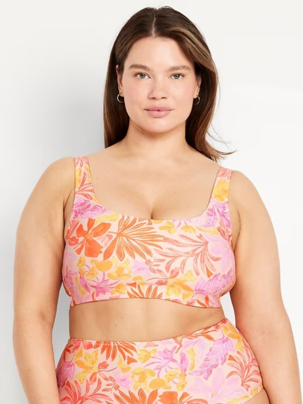 NWT M Old Navy Coral Palm Print Matte Scoop Neck Swim Bikini Top